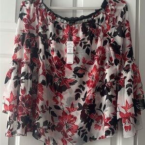 White House Black Market Red and Black Floral Blouse